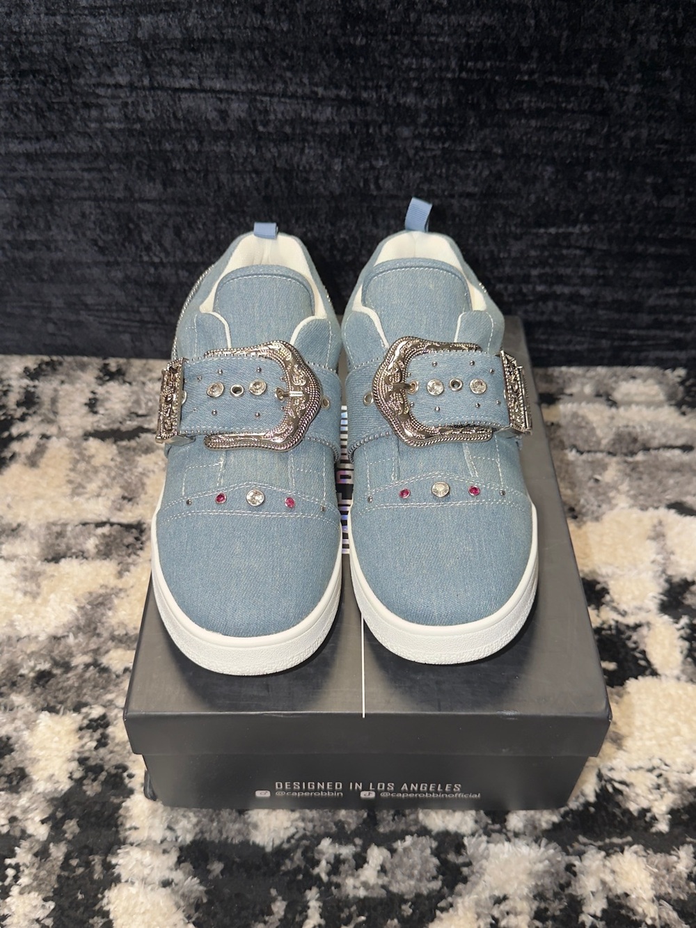 Cape Robbin Light Blue Denim Slip-On Sneakers with Decorative Buckle